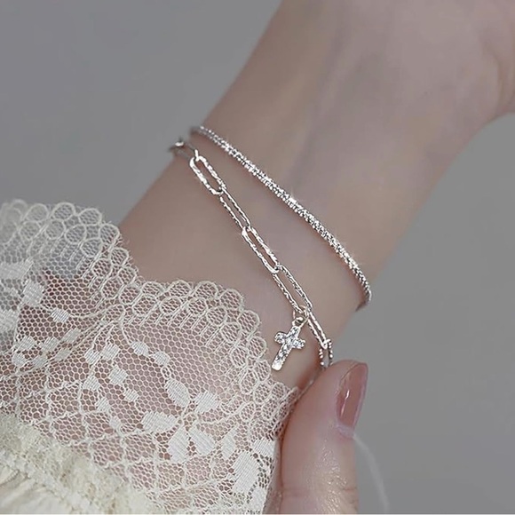 Cross 2 Piece .925 Sterling Silver Paperclip Chain Style Layered Bracelet Set - Picture 5 of 6